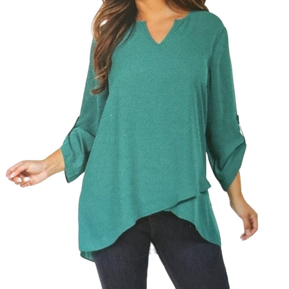 Fever Women V Neck Long Sleeve Lightweight Blouse Tunic  Green Medium